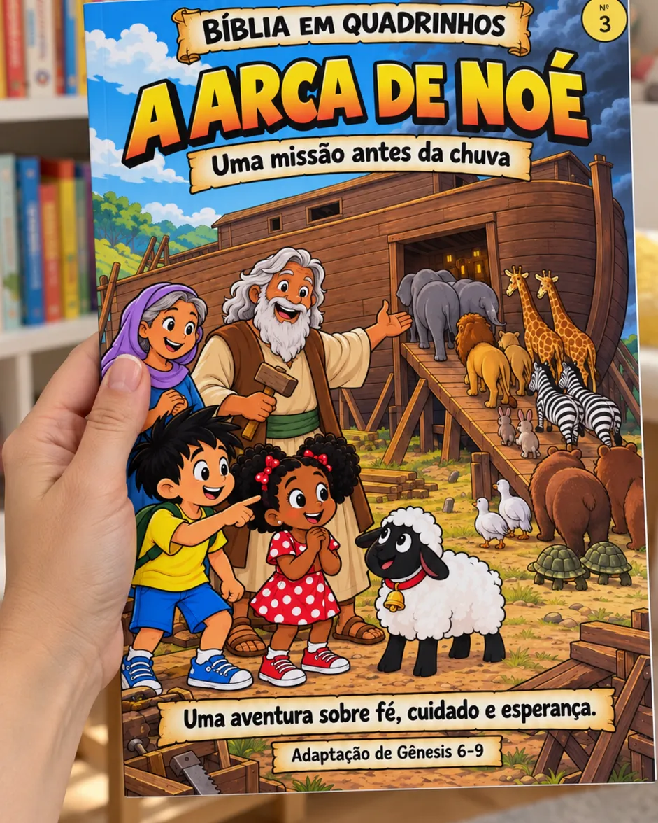 Mão segurando o gibi A Arca de Noé impresso
