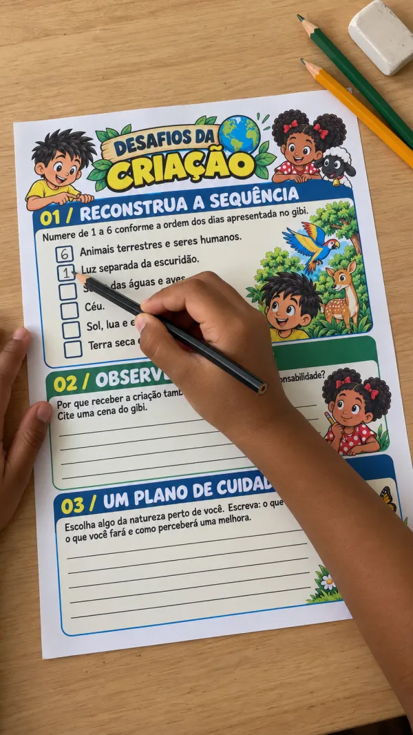 Criança fazendo a folha Desafios da Criação
