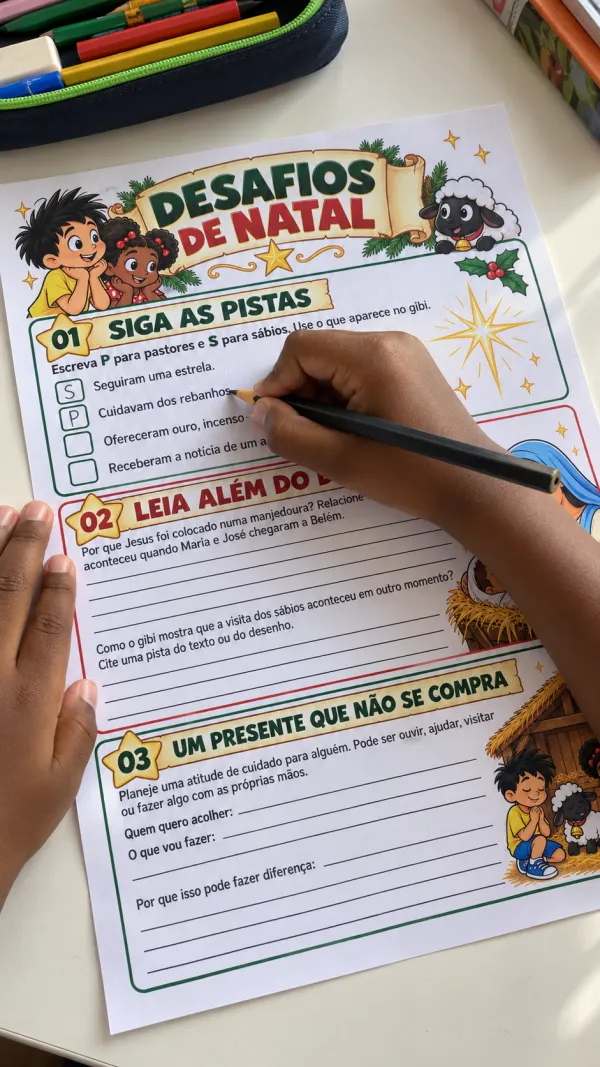 Criança fazendo a folha Desafios de Natal