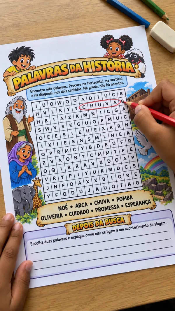 Criança fazendo o caça-palavras da Arca de Noé